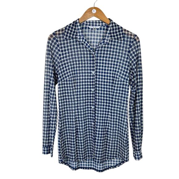 Cabi 736 Blue & Cream Geometric Print Sheer Mesh Long Sleeve Button Up Blouse - Picture 9 of 13